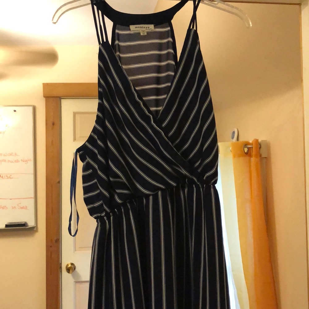 Navy blue and white stripped dress.